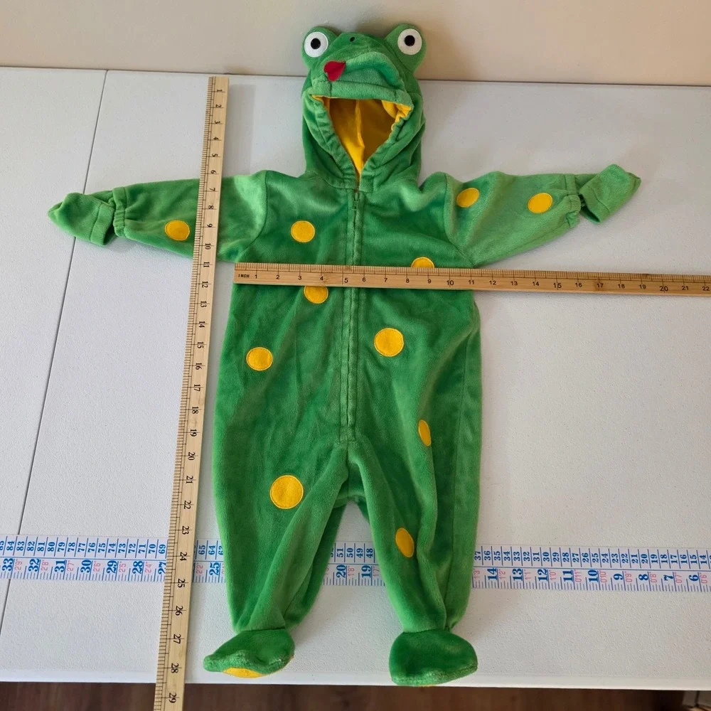 First Moments Frog Costume Baby 6/9M Green Yellow Spotted Plush Hooded Zip Up